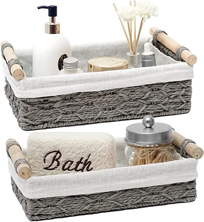 Set of 2 Paper Rope  Basket Wicker Baskets for Organizing with Handle Decorative Storage Bins for Countertop Toilet Paper Basket