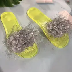 Ubililia Ladies Fashion Summer Flats Outdoor Woman Slides Beach nude one letter shiny flower Slip On crystal Clear jelly Shoes