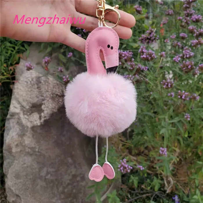 France Best Selling Trend Household Products Fashion Plush Pom Pom Ball PU Flamingo Leather Key Chain Fur Cute Keychains