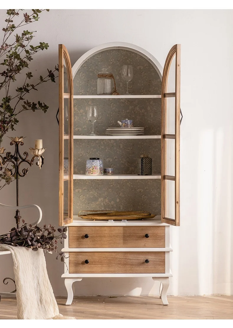 France style retro arched against the wall 2 glass door livingroom sideboard wood furniture storage cabinet