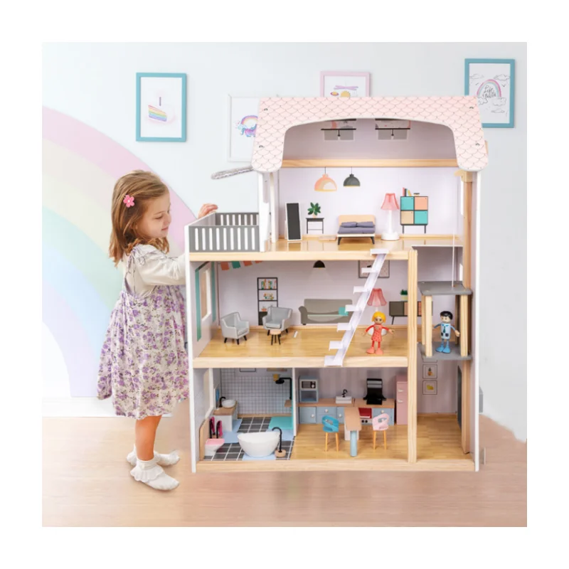 Pretend Role Play Diy Educational Toy Kids Wooden Doll House Villa With Doll Room