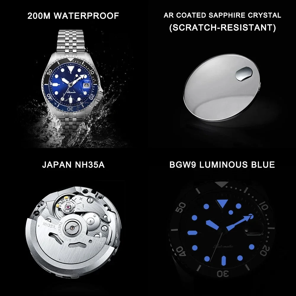 Custom Automatic Japan NH35 Luminous 20 ATM Diving Diver Watch Montre Plongee Reloj De Buceo