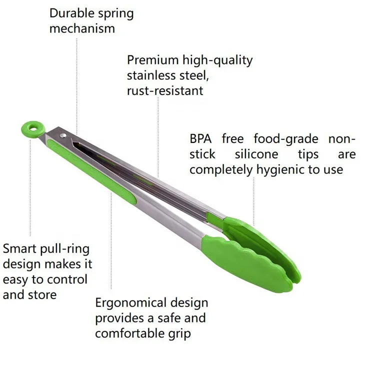 Kitchen Cooking BBQ Salad Grilling Serving Bread Food Metal Utensils Silicone Tong With Custom Logo