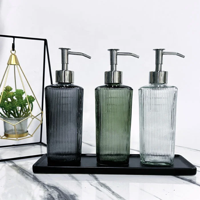 Bathroom clear green blue  glass shampoo bottles lotion soap Liquid Soap Dispenser bottles with stainless steel  pump