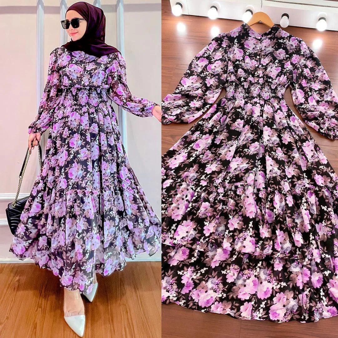 New Abaya Dubai Flower Printed Long Sleeve Maxi Colorful Dress Fashion Modern Moroccan Dress Kaftan Tradition Muslim Dress