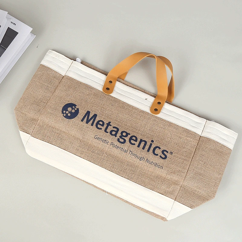 Customized logo Large Capacity Burlap Jute Shopping Tote Bags With Pu Leather Handles