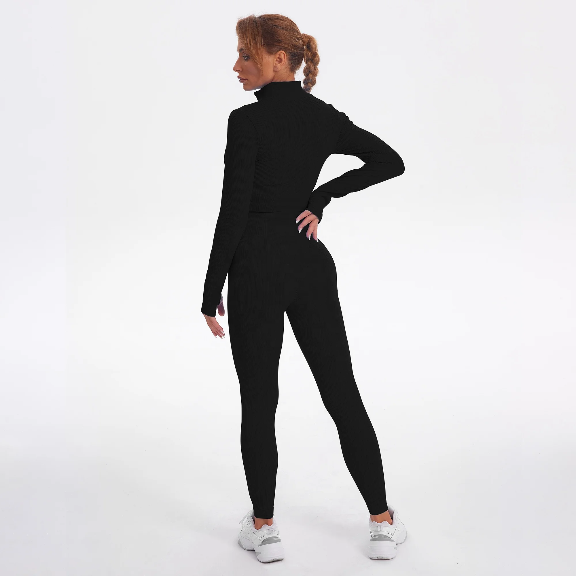 2022 Seamless Women Yoga Suit Sports Ribbed Long Sleeve Zip Front Shirt Scrunch Drawstring Legging Gym Tracksuit Workout Set