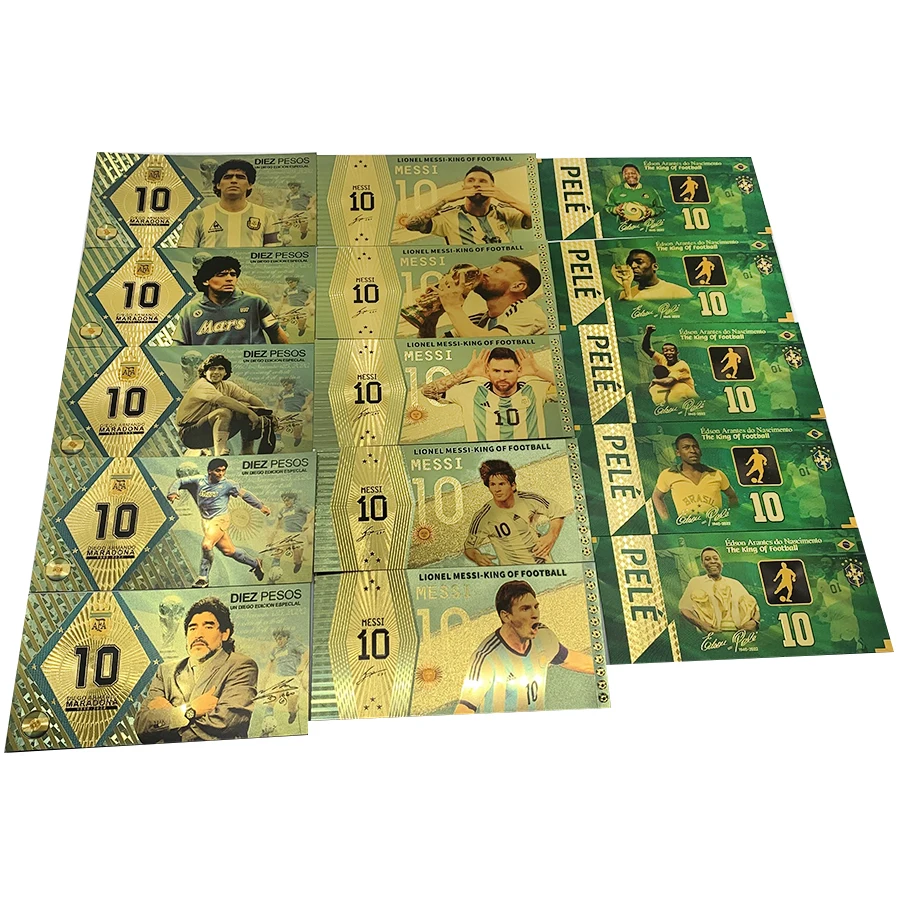 Football Star Maradona Pele Messi gold banknote Famous Soccer player Collection Ticket golden Trading Game Card For Fans Gift