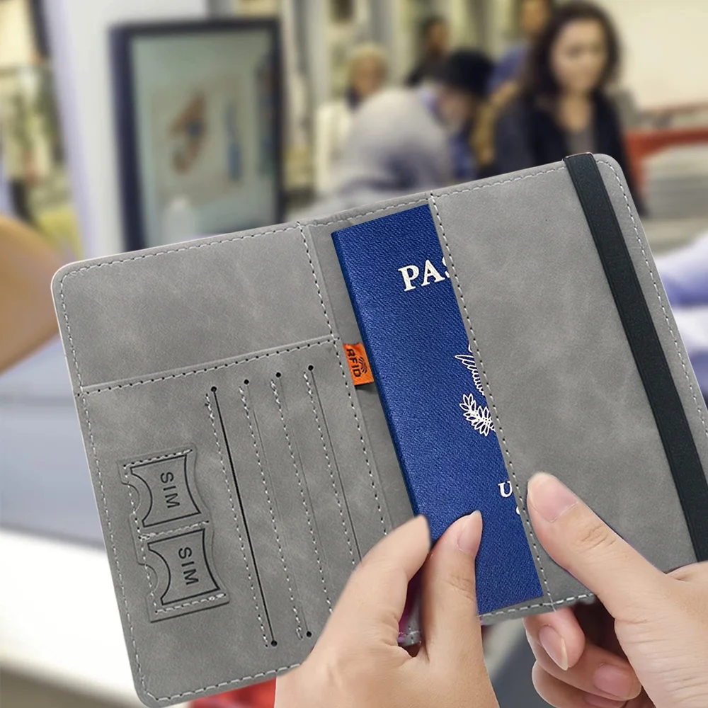 Leather Card Case Travel Document Organizer RFID Blocking Passport Holder Cover Travel Wallet with Elastic Band