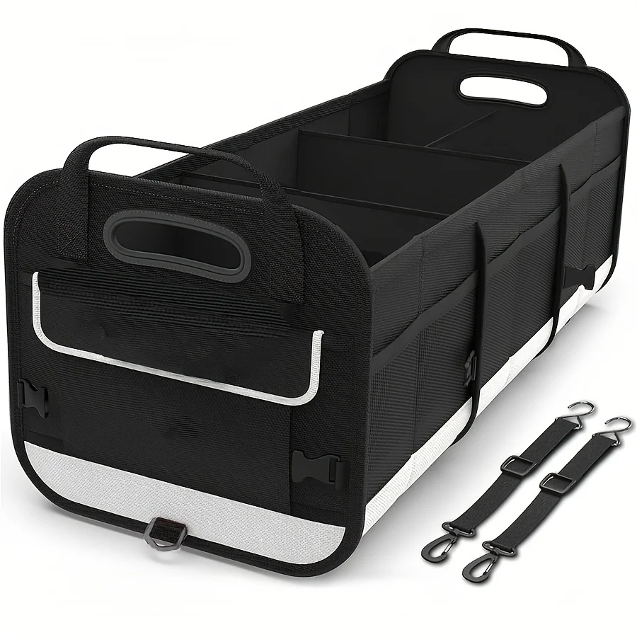 Large Trunk Organizer Compartments Collapsible Multi Compartment Car Storage Box with Retractable Straps for All Kinds of Car