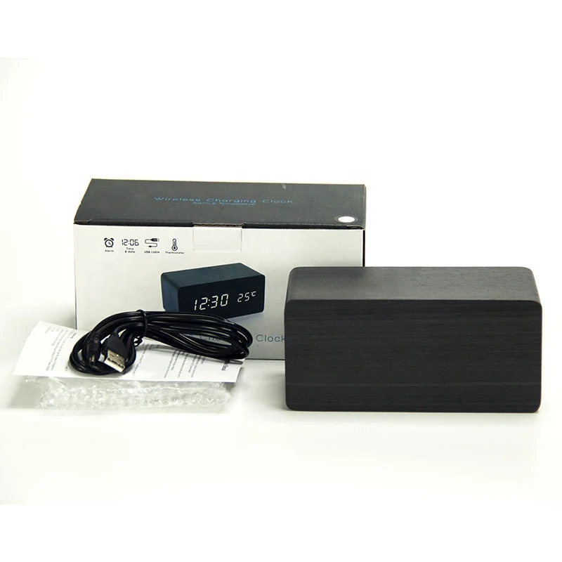 Best Gift Promotional Desk & Table Clock Digital Clock Wireless Charger Phone 5w 10w Qi Wireless Charging Wooden Led Alarm Clock