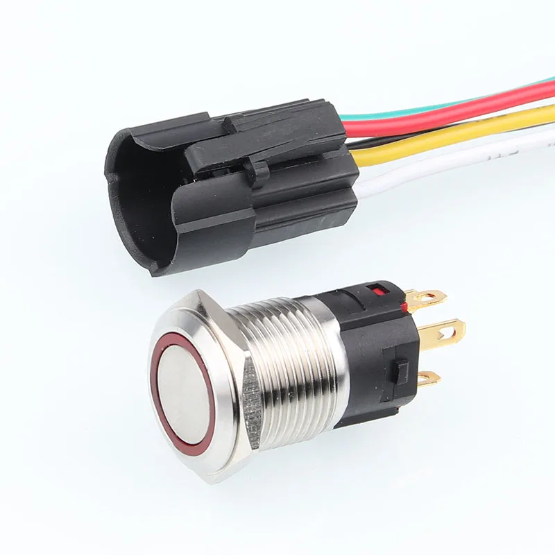 16MM waterproof metal push button switch with cable connector, round luminous sign