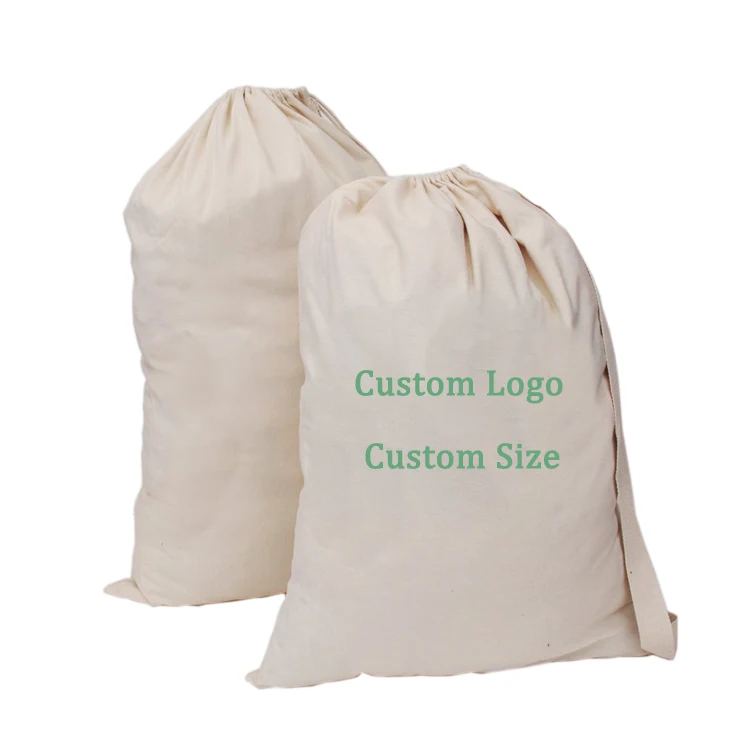 Custom 100% Natural Organic Cotton Cloth Foldable Wash Beige Drawstring Laundry Bag
