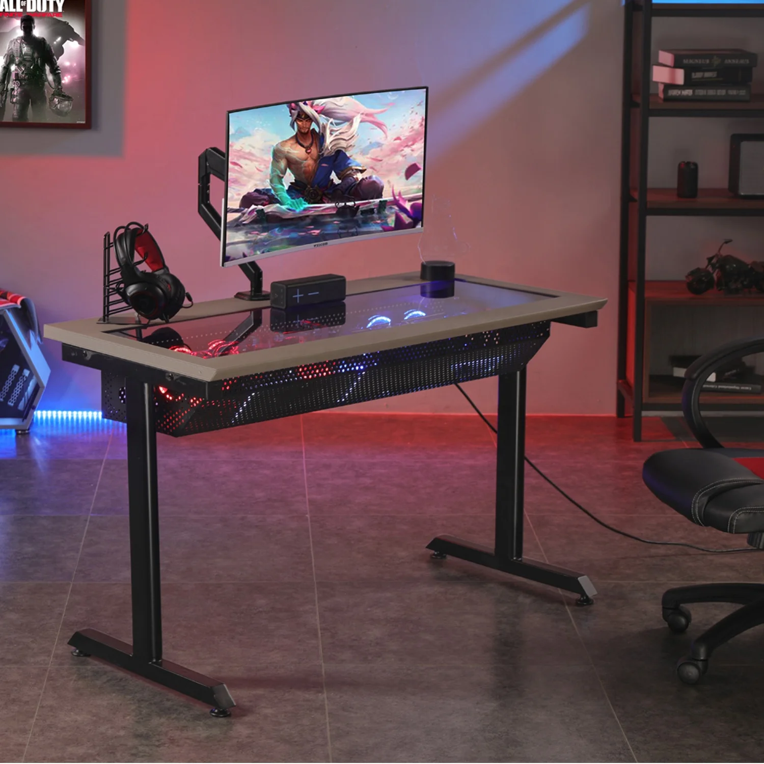 
 New Iron Frame Glass Table Host Integrated Computer Desk Glass Desktop Computer Gaming Desk With Color Adjustable LED Light  