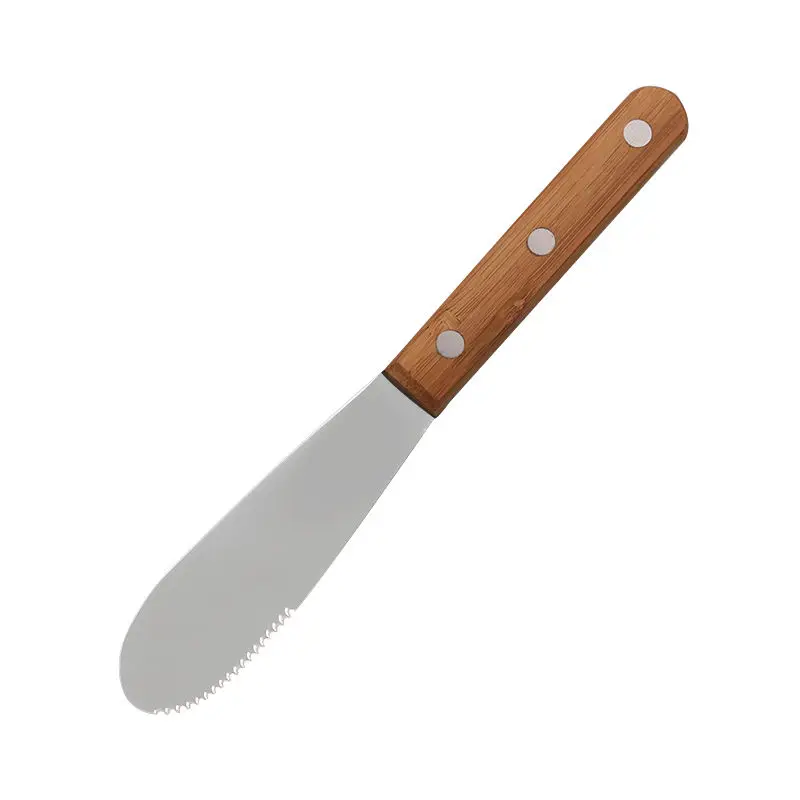 High Quality Hot Selling Wooden Handle Serrated Stainless Steel Butter Knife Sandwich Cream Cheese Applicator