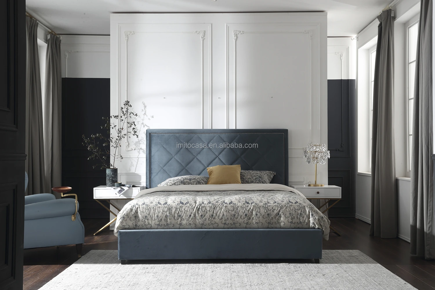 Amazing American Modern Home Furniture Blue Velvet Upholstered King Size Bed High-class Bedroom Set Elegant Fabric Double Bed