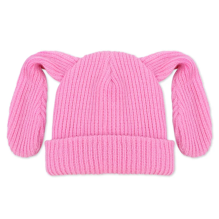 FYB knitwear manufacturer custom silk lined beanie with ears winter hat acrylic rib knit bunny ear beanie