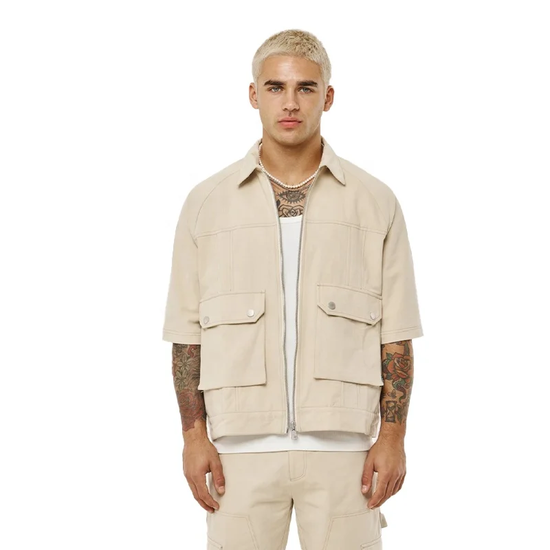 KY Splashing Short Sleeve Shirt Ink Zip up Shirt Cargo Pants Mens Pockets Men Pants and Shirt Sets