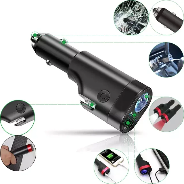 1 Hot Sale Multi-function 6 in 1 safety hammer & seat belt cutter Emergency Tool  USB Car Charger  with Led Torch alarm lamp