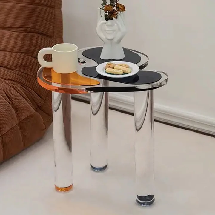 Colored acrylic side table with modern personalized design, organic glass coffee round table, bedroom customizable