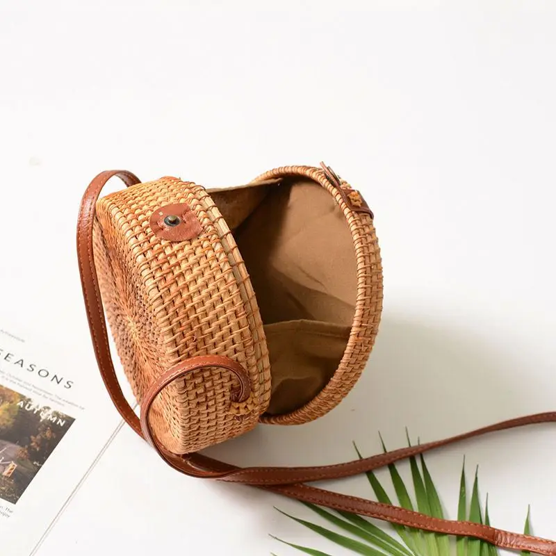 Circular Casual Rattan Bag 2022 Ins Summer Handmade Bali Beach Shoulder Bow Bag Woven Bohemian Handbag Sac A Main Crossbody