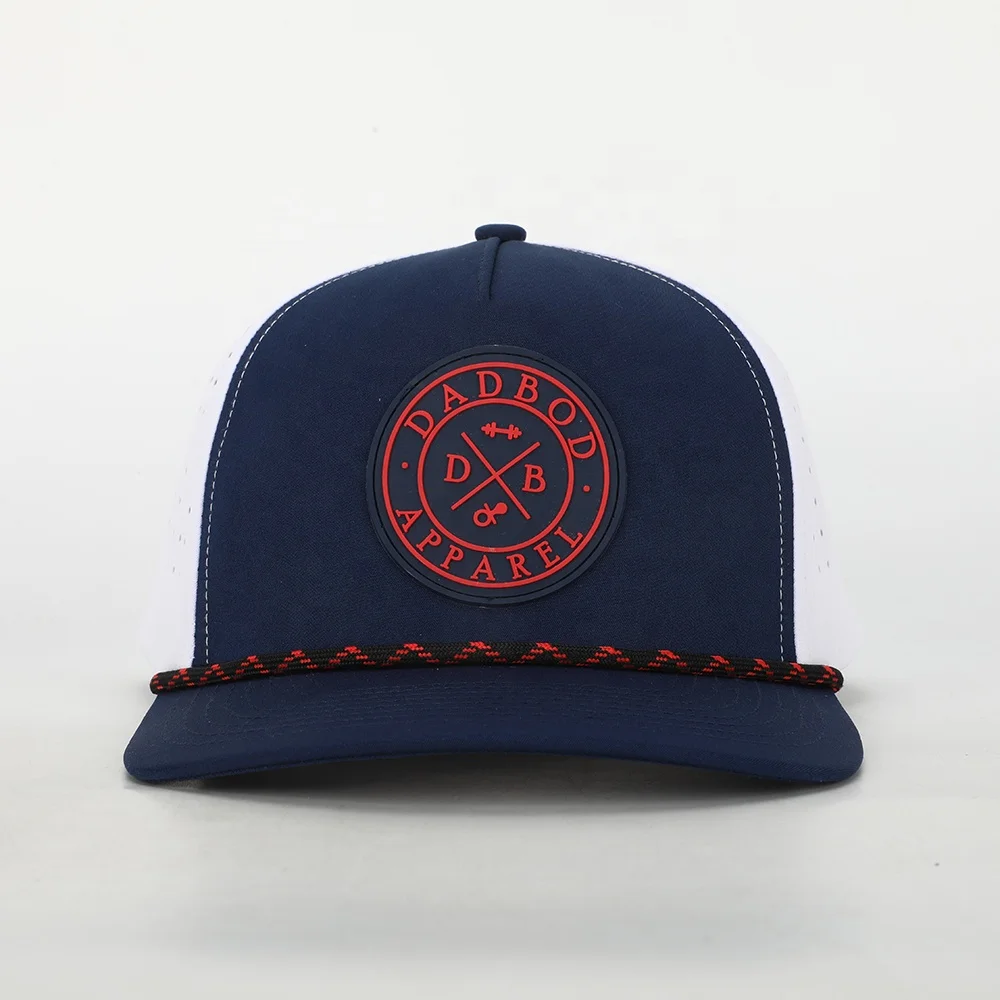 Custom 5 Panel Rubber PVC Patch Logo Rope Dad Hat,Waterproof Laser Cut Hole Perforated Gorras,Performance Sports Baseball Cap