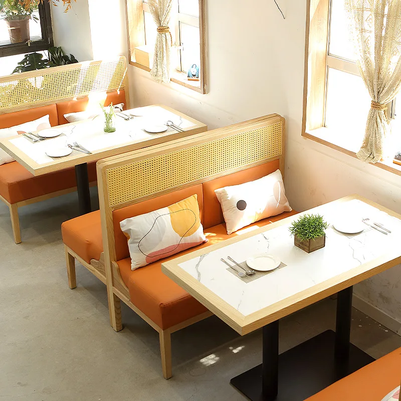 Nordic Rattan Leather Restaurant Booth Seating High Back Customized Commercial Cafe Dining Chair Sofa