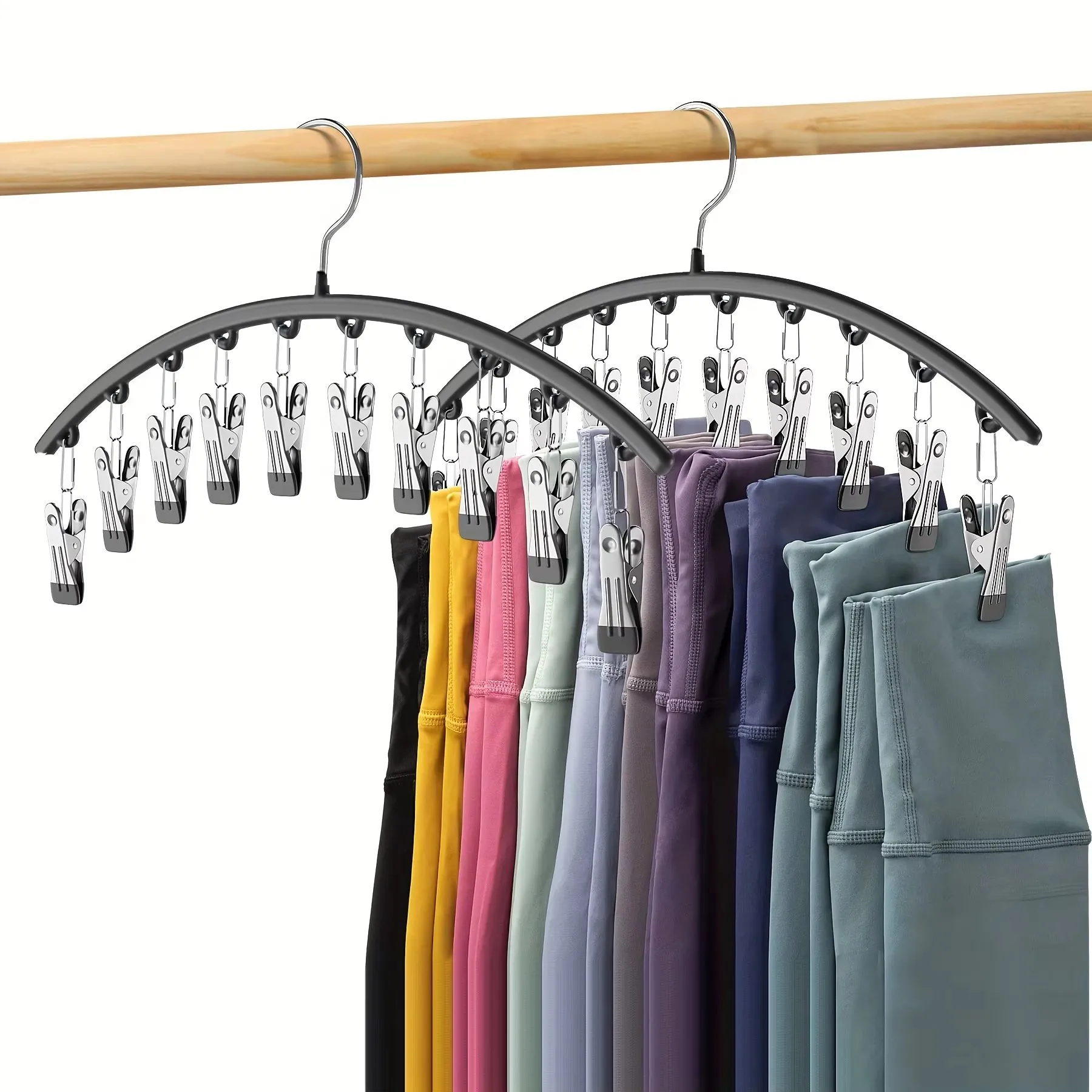 Curved Shape Hanger, Metal Yoga Pants Hangers, Organizer For Closet, Pants Hanger With 10 Clothespins, Holds 10 Leggings