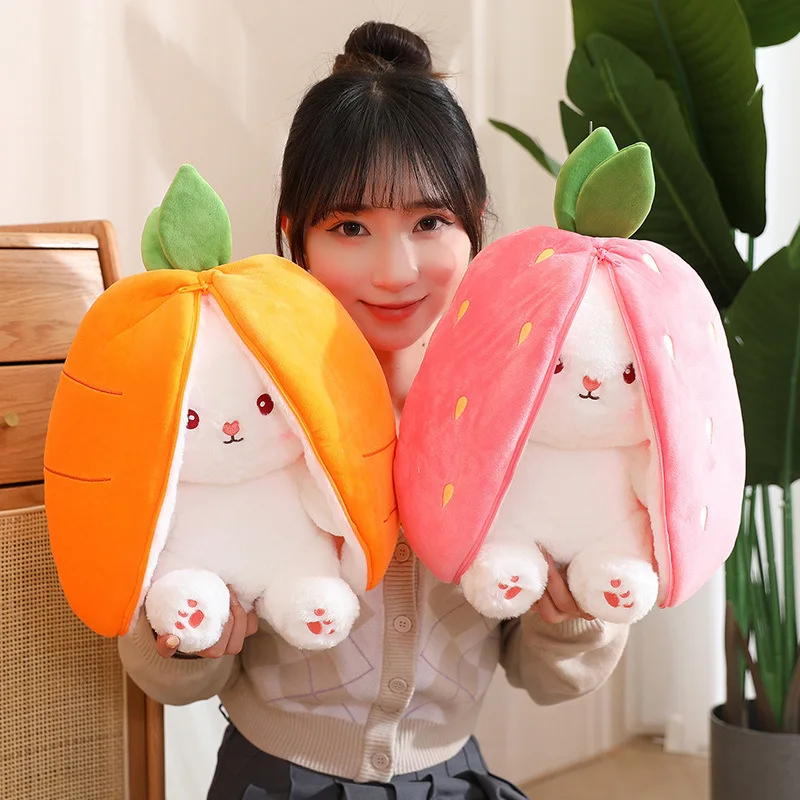 YWMX 25cm Cute Changing Rabbit Plush Toy Zipper Boutique Soft Carrot And Strawberry Rabbit Stuffed Plush Toy Festival Doll Gift