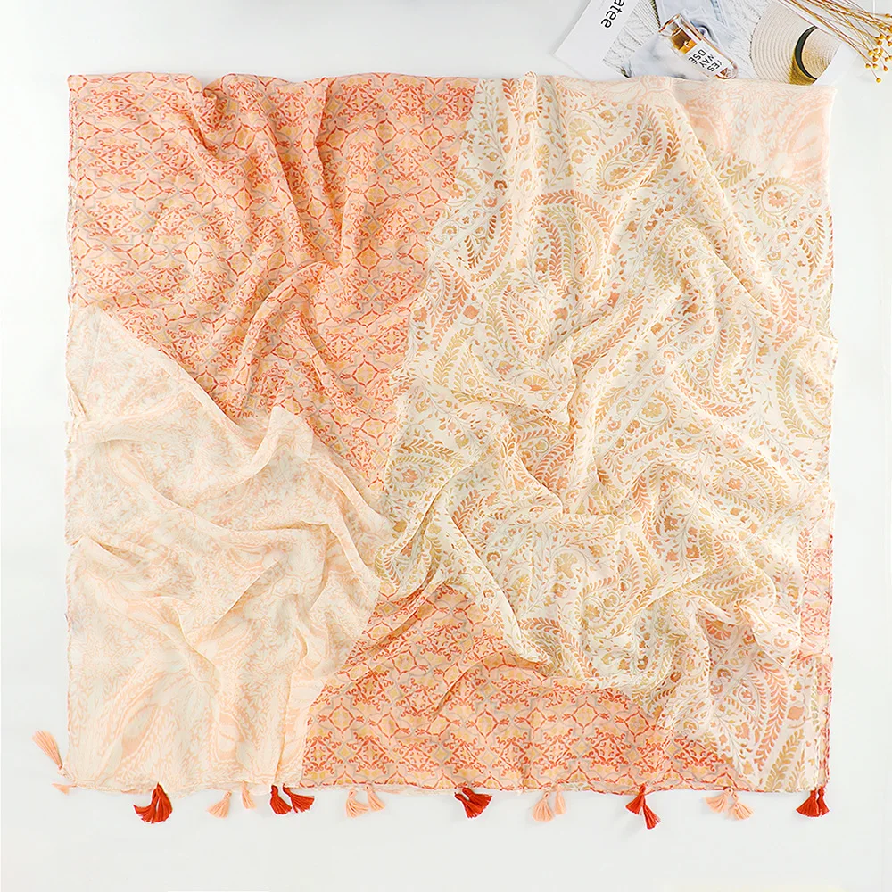 New ethnic style cotton and linen feel ladies scarf orange cashew wheat ear tassel seaside travel beach towel