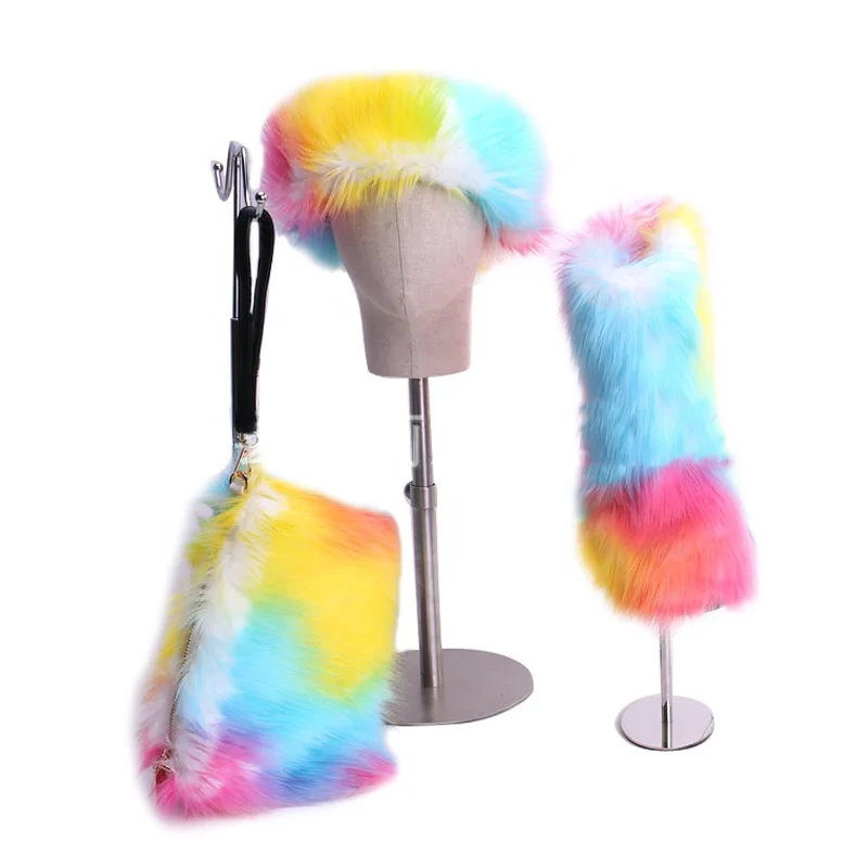 
Popular Rainbow Headbands Snow Boots Colorful Faux Fur Boots for Women 