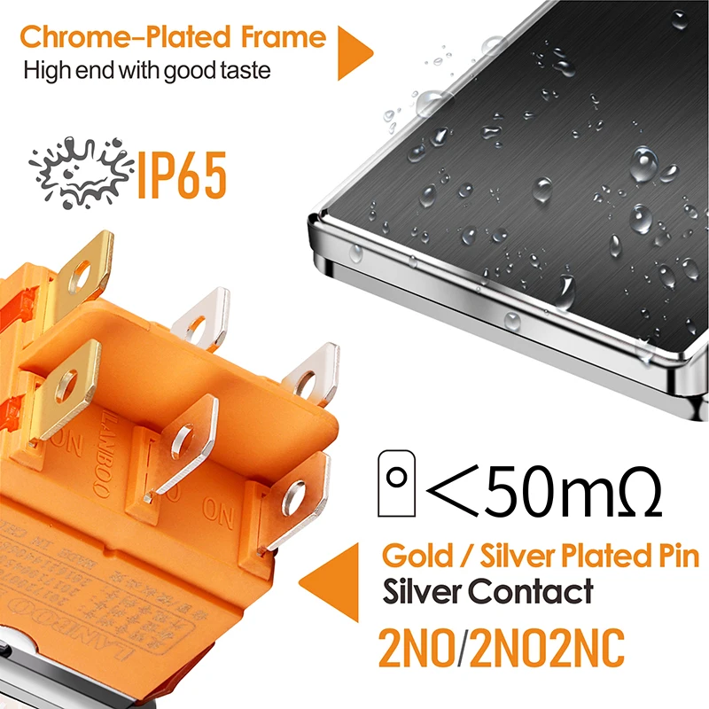 LANBOO 2822 2nd/3rd gear high-end 20A high current with red, green and blue luminous IP65 metal rocker button switch