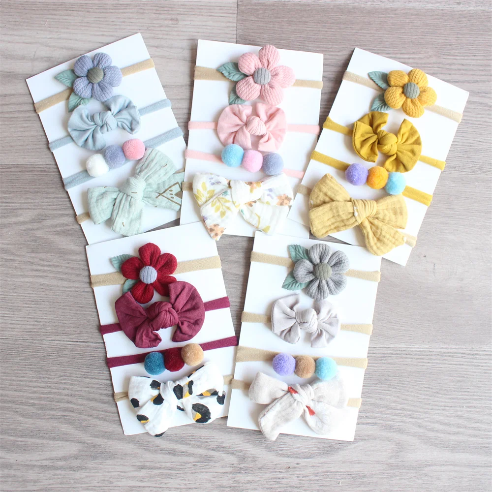 4pcs One Set Baby Flower Headbands Bows For Girls Cotton Pompom Elastic Hair Bands Newborn Knot Hairband Kids Accessories