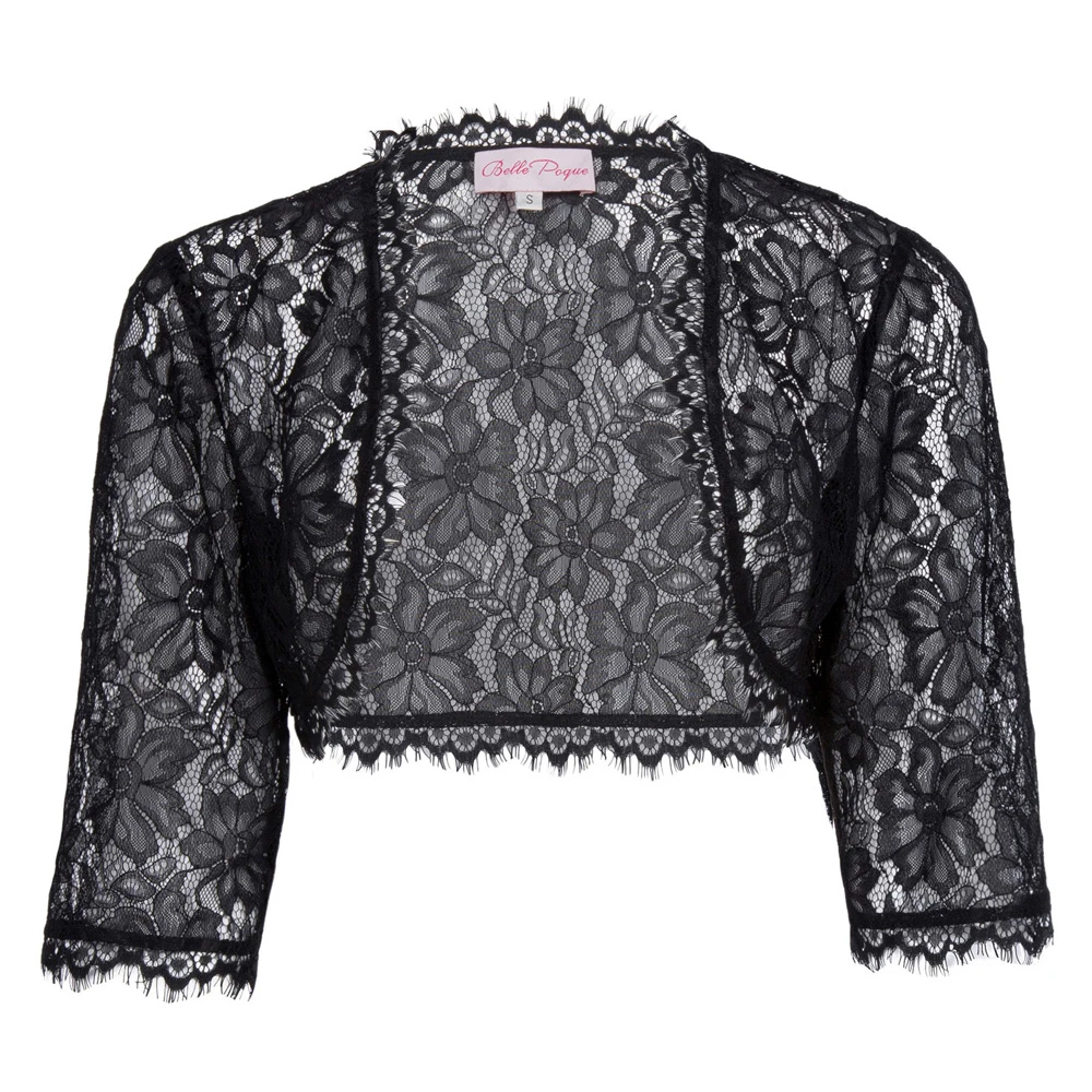 Womens Ladies Wedding Bridal Bridesmaid 3/4 Sleeve Black Lace Shrug Bolero