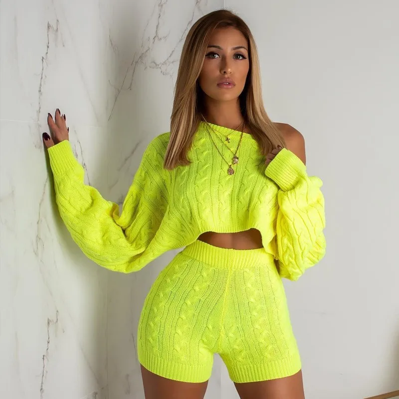 
solid colors cropped top and tight shorts knit sexy women corp 2 piece set sweater 
