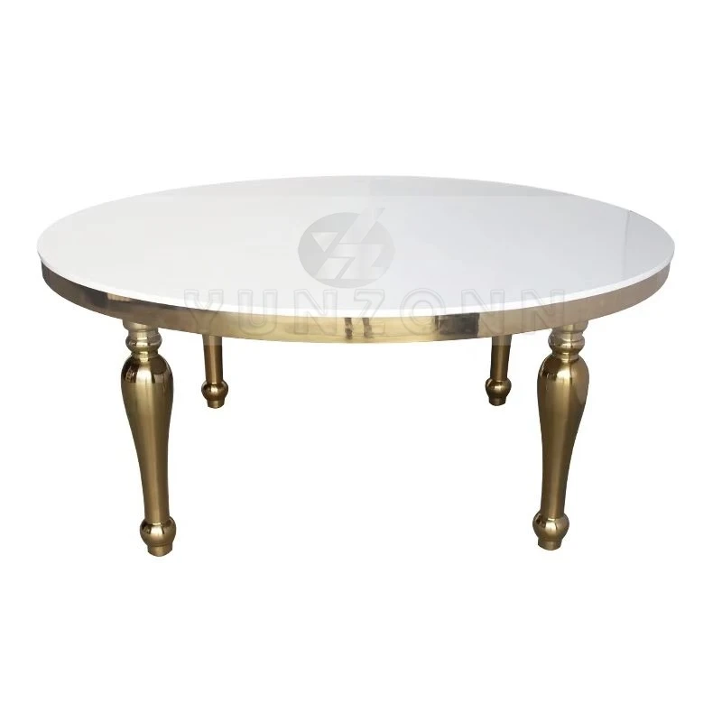 Modern round Dining Table with White MDF Top and Stainless Steel Base for Hotels Weddings Outdoor Events
