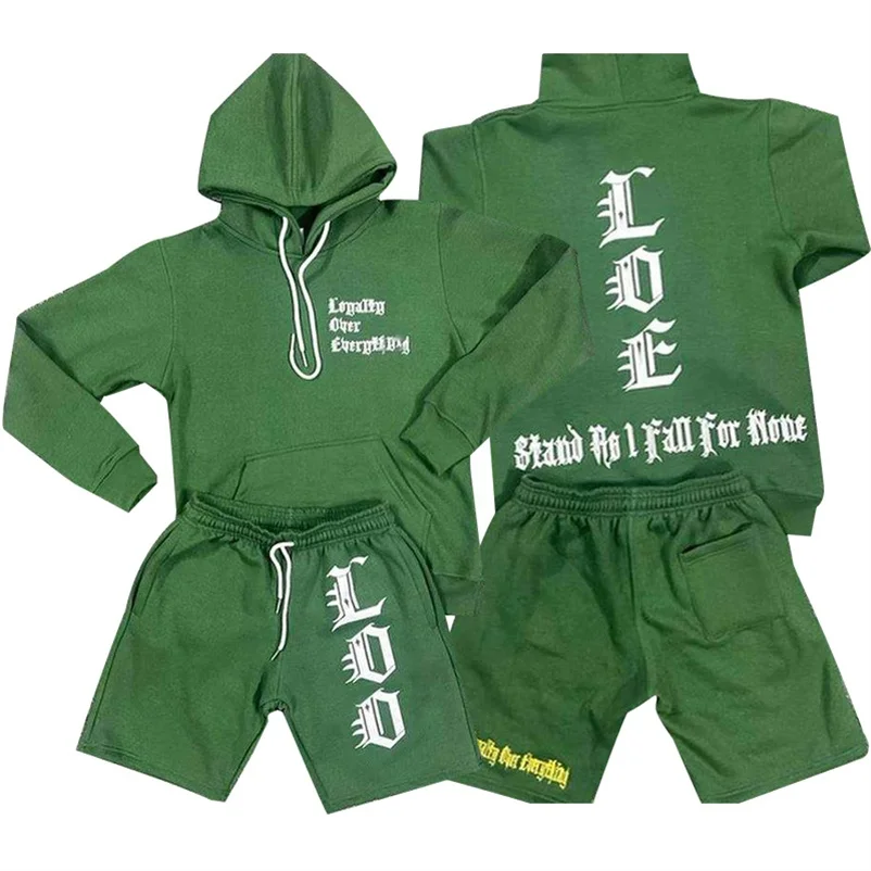 Dongguan city streetwear sweatsuit men custom 2 piece summer shorts tracksuits and hoodie jogger set