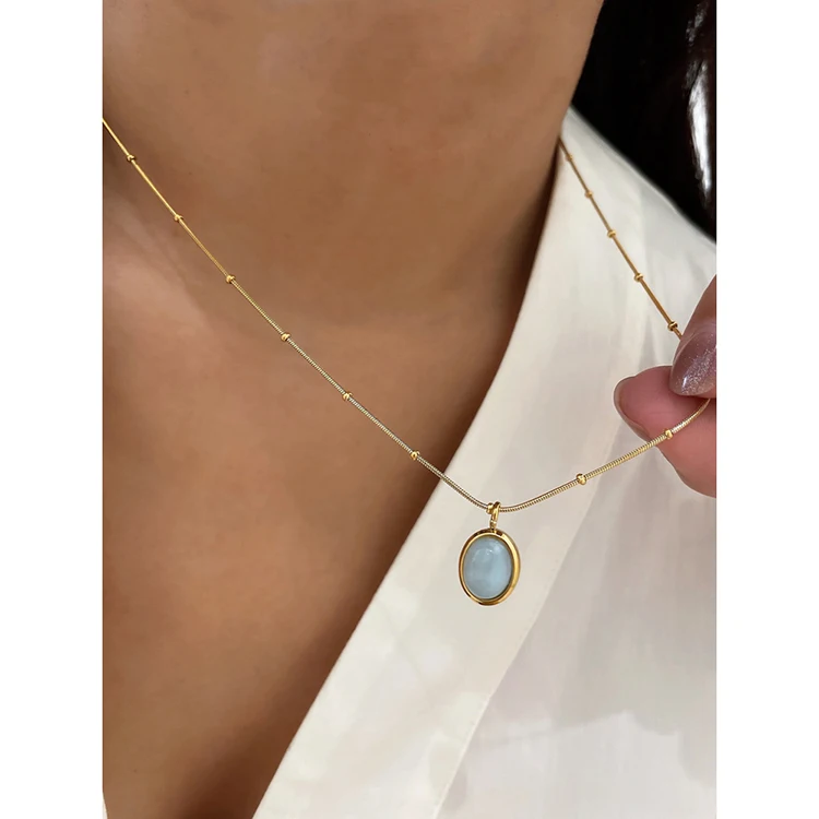 Oval Sky Blue Cymophane Opal 316L Stainless Steel Necklace Clear Stone 18K Gold Plated Necklaces Women French Vintage Jewelry