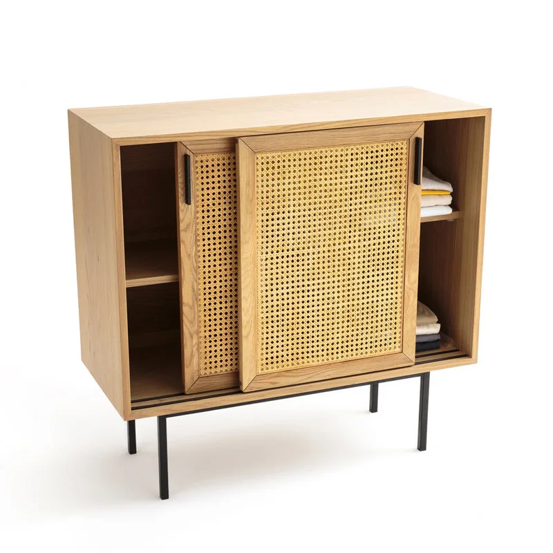 
Nordic Luxury Two Doors Storage Cabinet Wine Cabinet Solid Wood Rattan Sideboard 