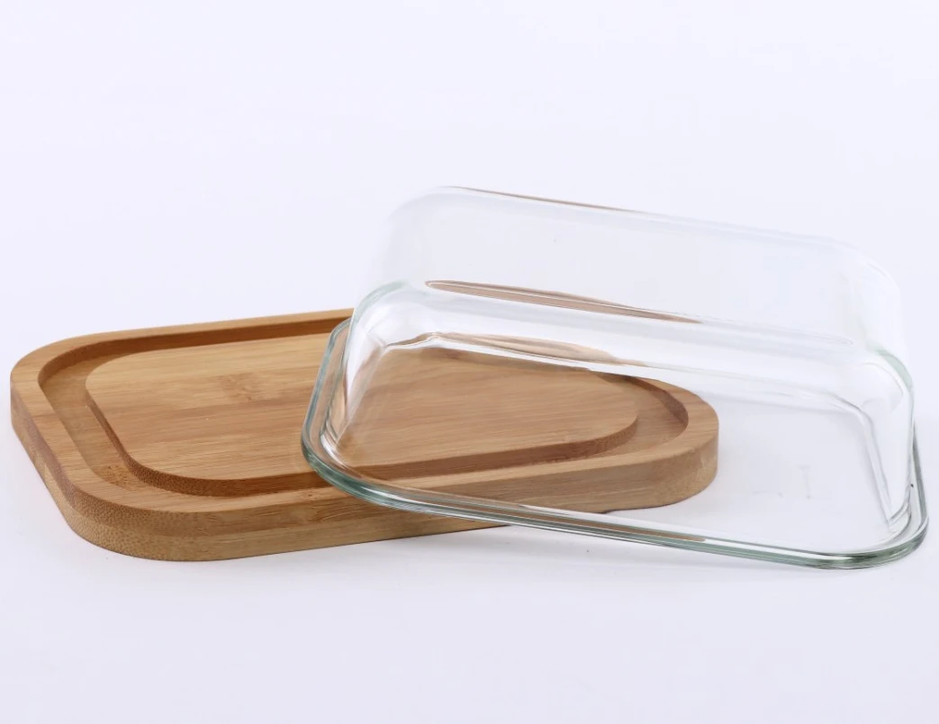 Customised logo large size high borosilicate clear glass cheese butter dish with bamboo cover lid