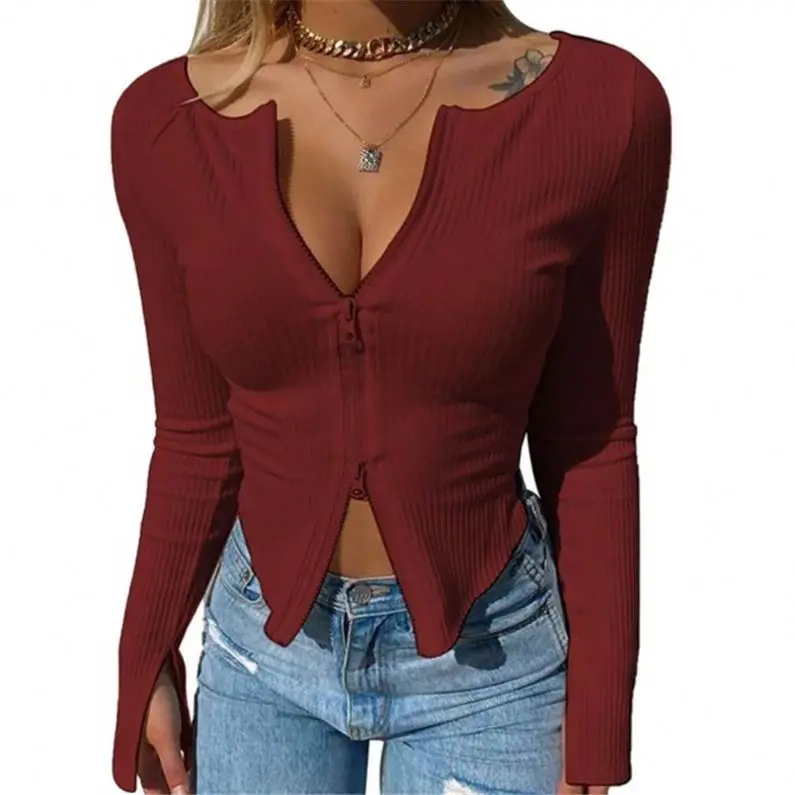 Women Front Zipper Crop Top Spring Solid Color Zip Long Sleeve V Neck Tight Knitwear T Shirts Tops