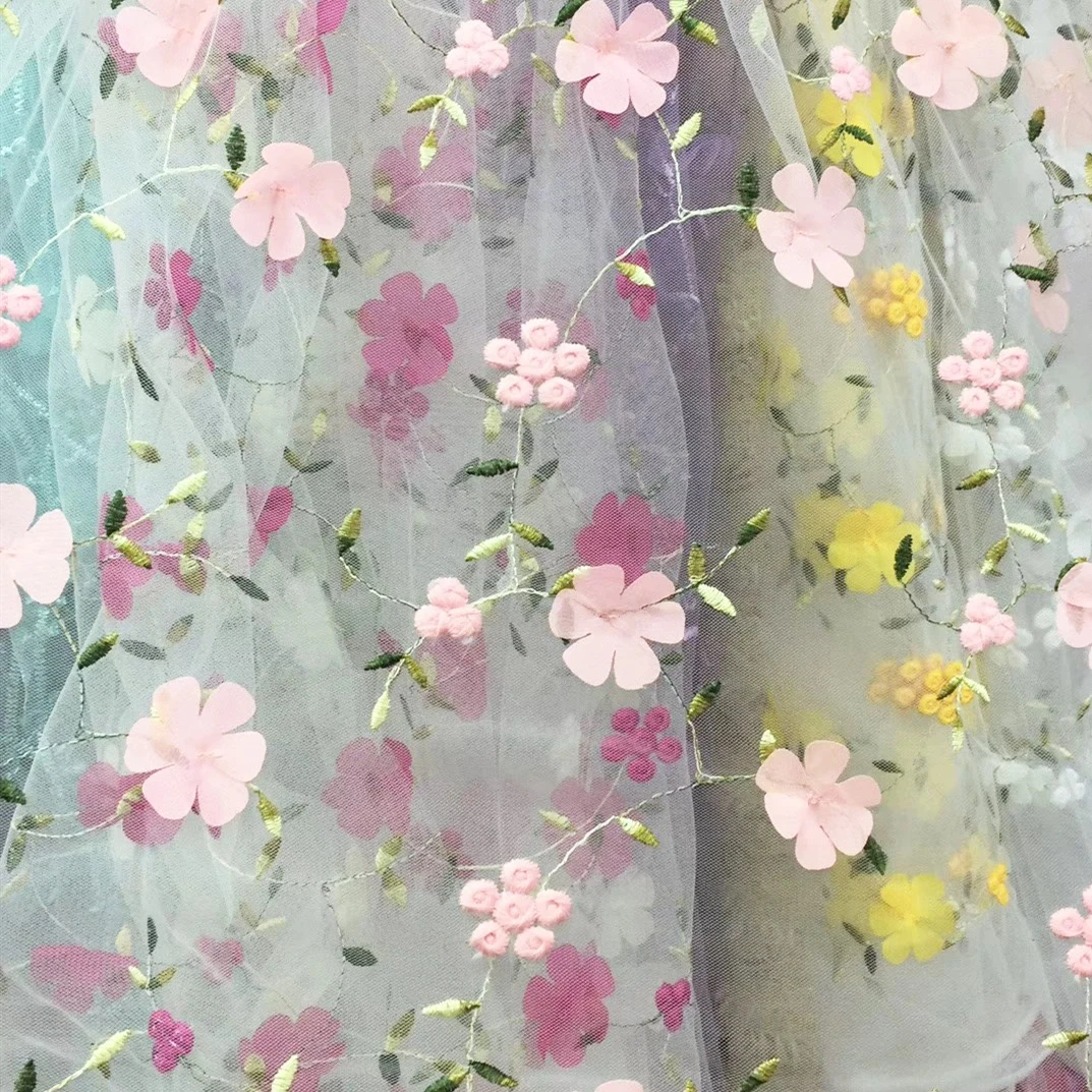 Hot Sale Colorful Cute Child Girl Lace Design Embroidery Fabric Wholesale Price 3d Small Flower Fabric