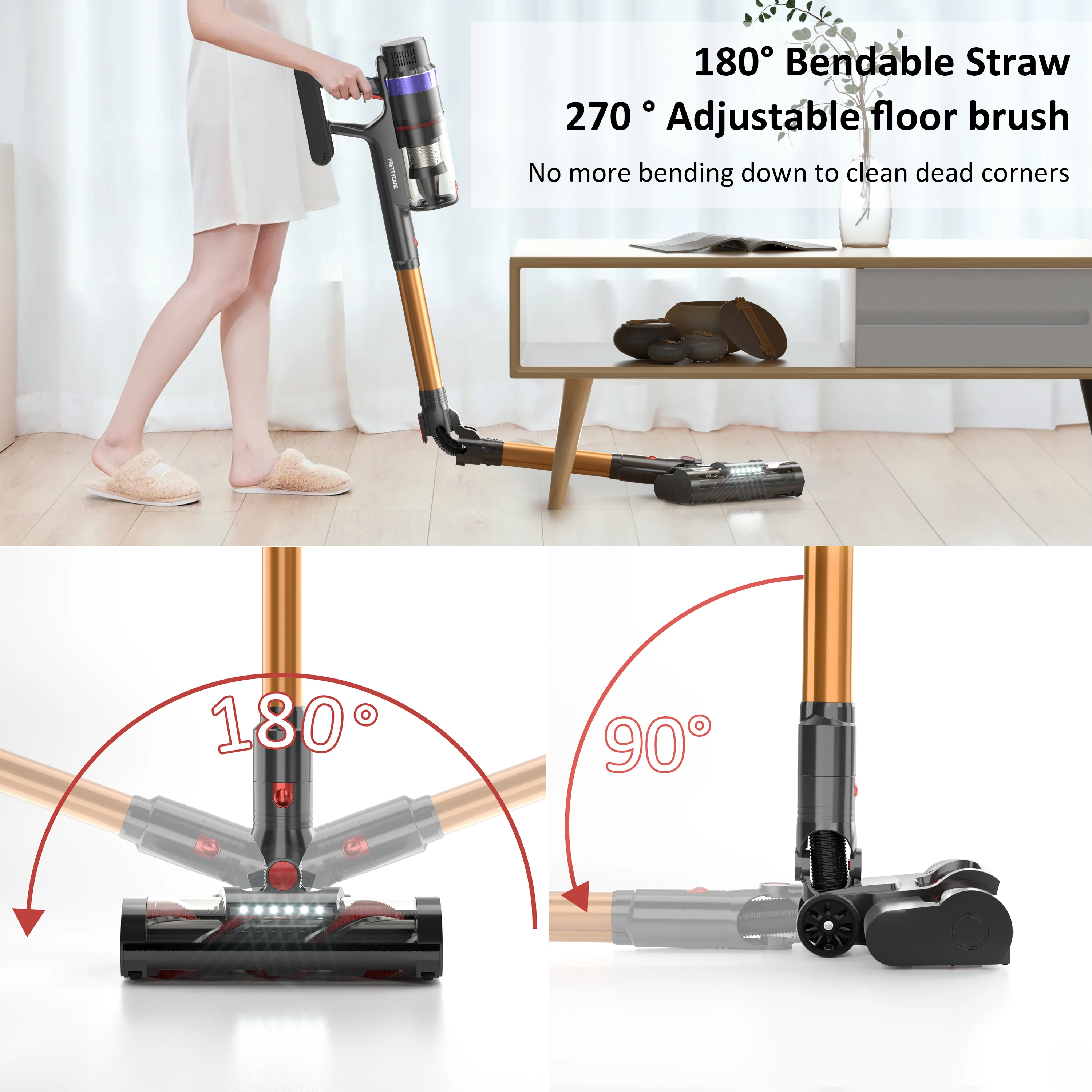 PRETTYCARE V3 Upright Handheld Cordless Vacuum Cleaner Smart Touch Display 530W Power Automatic Mode Car Home Vacuums Wireless