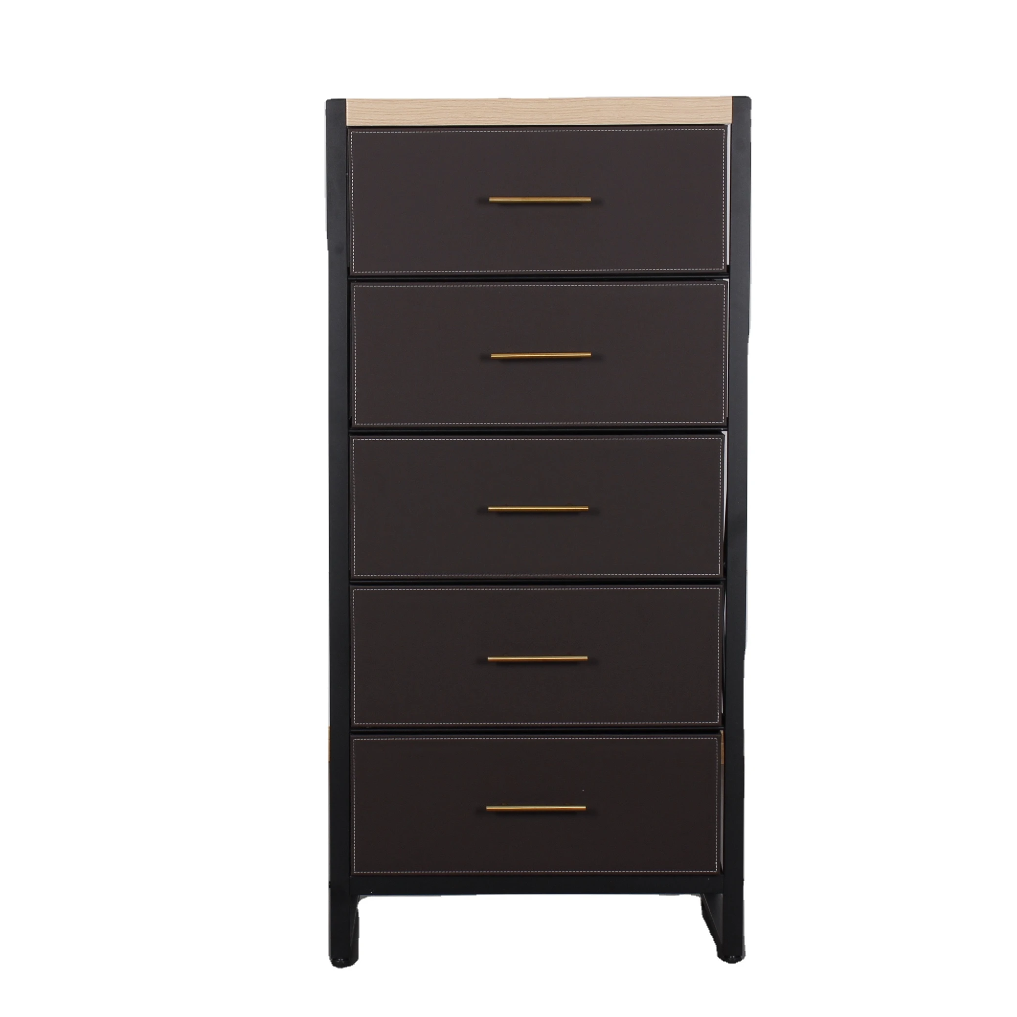 new design modern home furniture tall 5 drawer brown leather fabric storage dresser chest