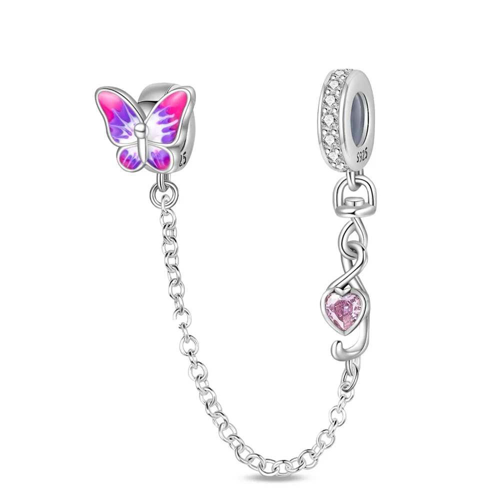 New Original Owl Key Rose Cat Claw Rainbow Safety chain charm beads 925 Sterling Silver charm DIY Bracelet for women jewelry