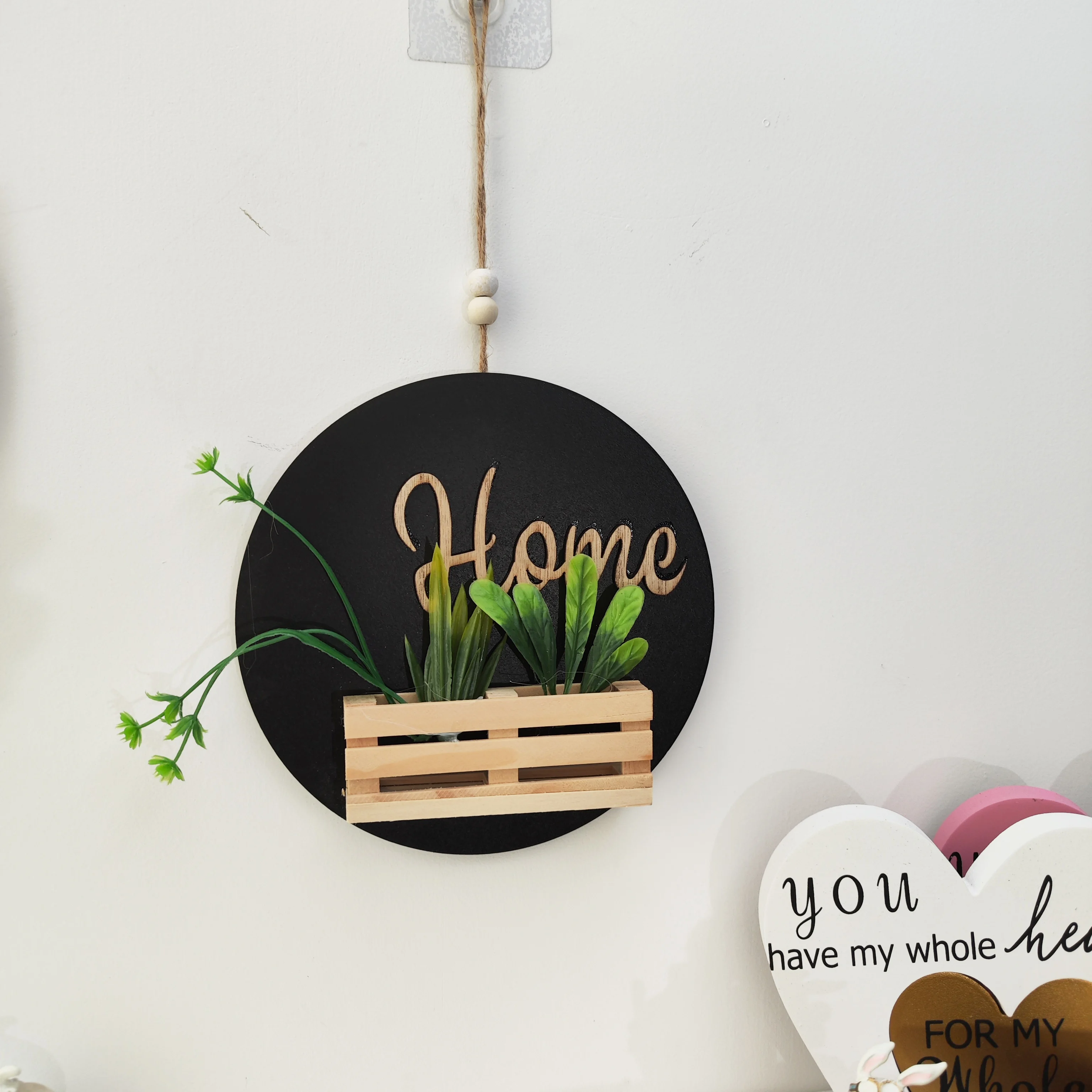 Wooden wall hanging mounted vase with simulated plant home abstract and minimalist natural style home decor