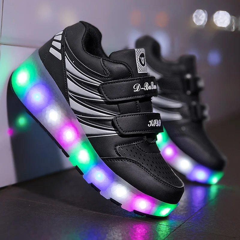Children Show Gift 7 Colors Led Rechargeable Kids Roller Skate Shoes With Single or Two Wheels Walking Sneaker