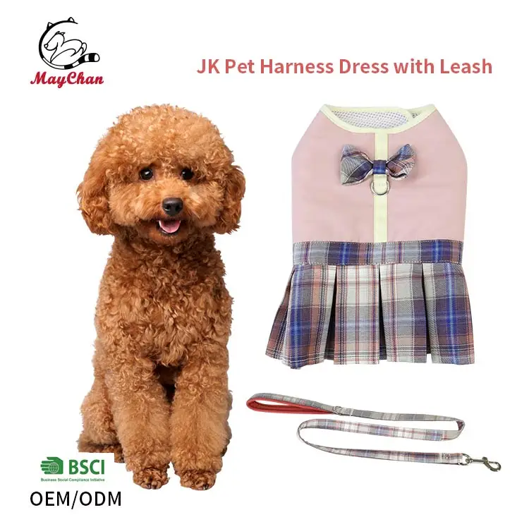Maychan Spring Summer Breathable Small Dog Harness, Cute Pink JK Puppy Girl Skirt Dog Harness Dress with Leash Set