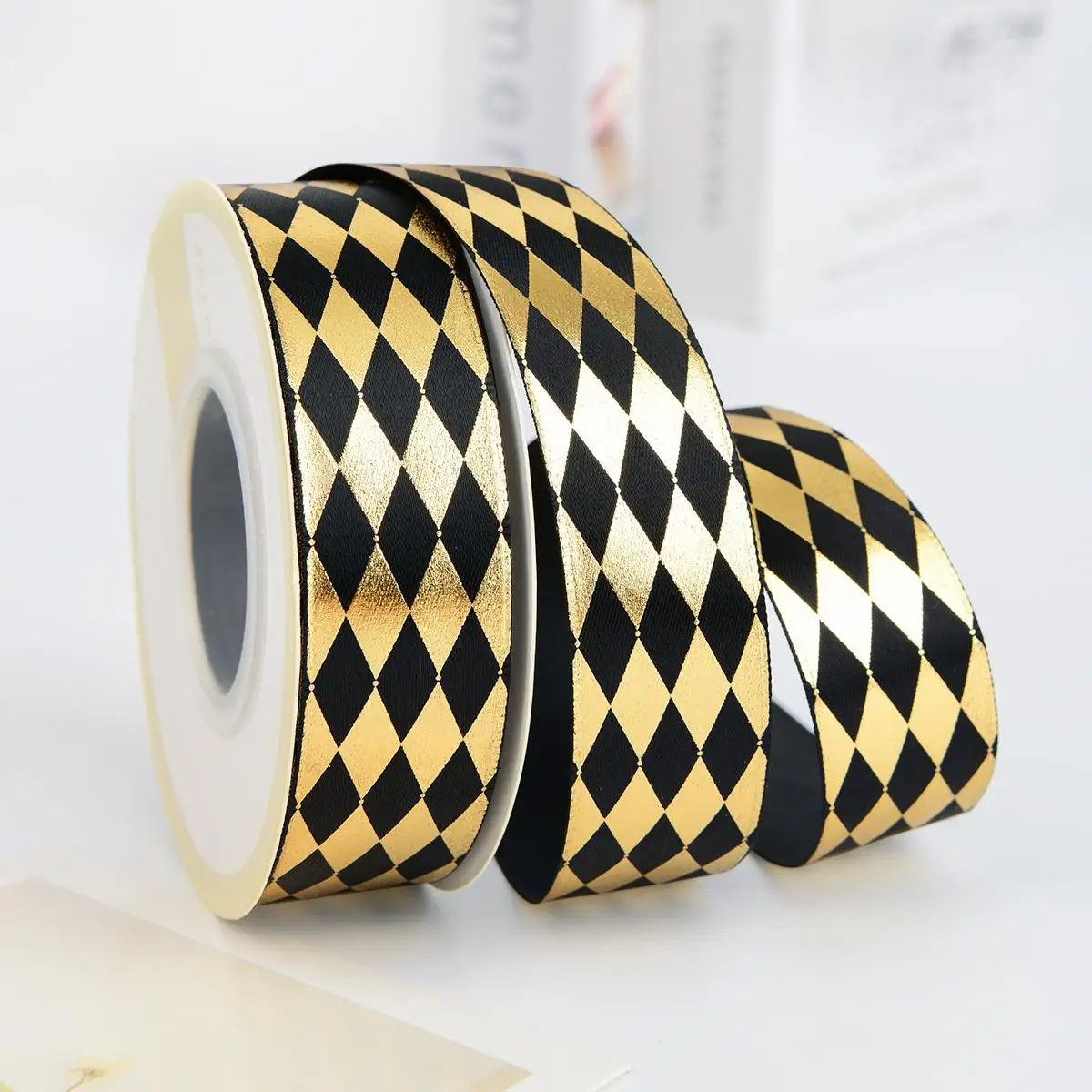 luxury 2.5cm*25Y/roll rhomboid diamond design hot stamping printed ribbon roll DIY handmade metallic gift decorative ribbon