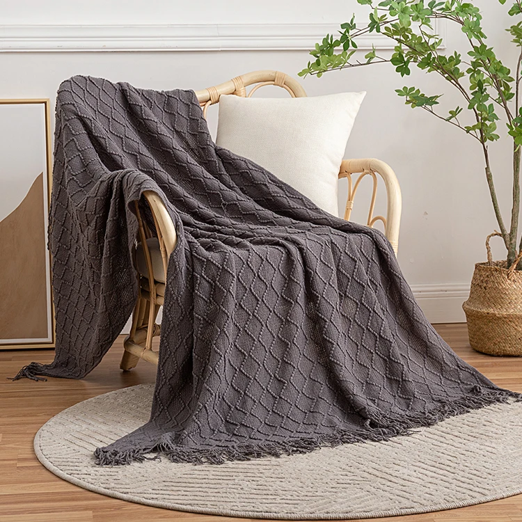 Knitted Blanket Super Soft Textured Solid Cozy Plush Lightweight Decorative Throw Blanket with Tassels For Home Decor